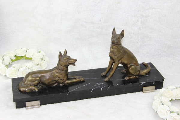 ART DECO 1930 Metal bronze patina dogs statue on marble base