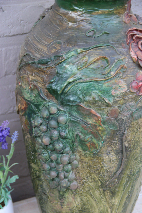 Antique Flemish earthenware terracotta XL Vase with grapes floral decor