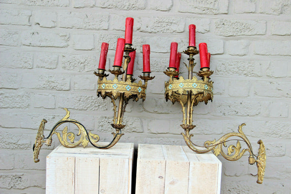 RARE PAIR French antique bronze church religious Wall lights sconces neo gothic