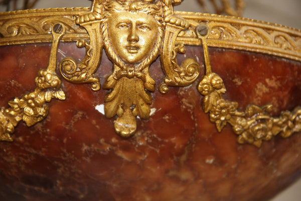 Top Antique French  Alabaster coupe bowl caryatid heads Chandelier amber