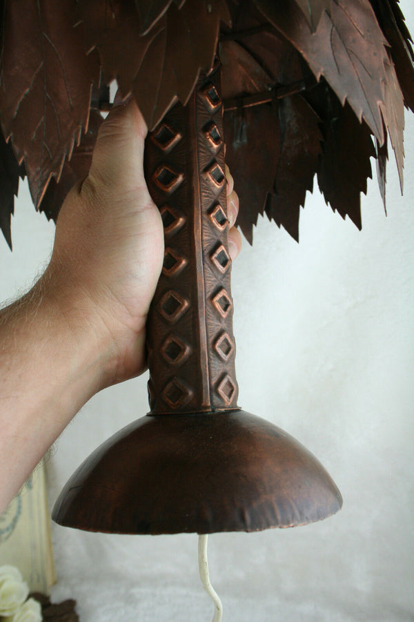 Handmade  signed  Copper  leaves desk table lamp attr maison jansen paris