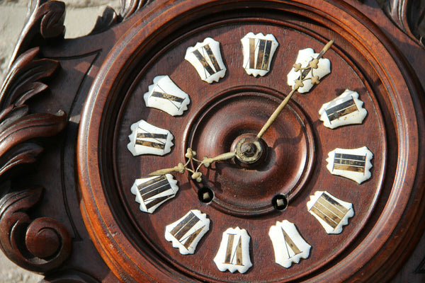 Antique XL black forest wood carved wall clock barometer