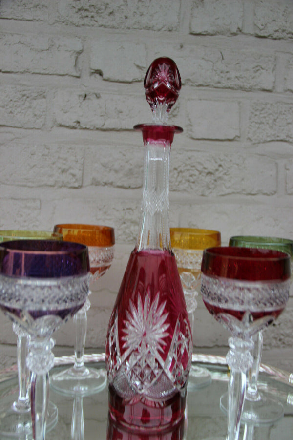 VAL SAINT LAMBERT Crystal glass decanter set on plate marked top piece