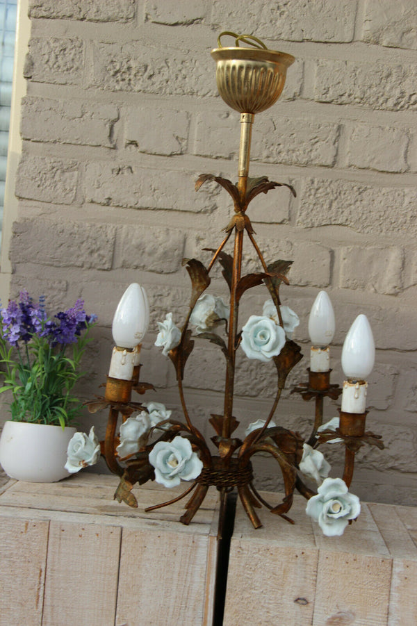 Vintage Metal gold gilt mid century Flower bouquet porcelain roses chandelier