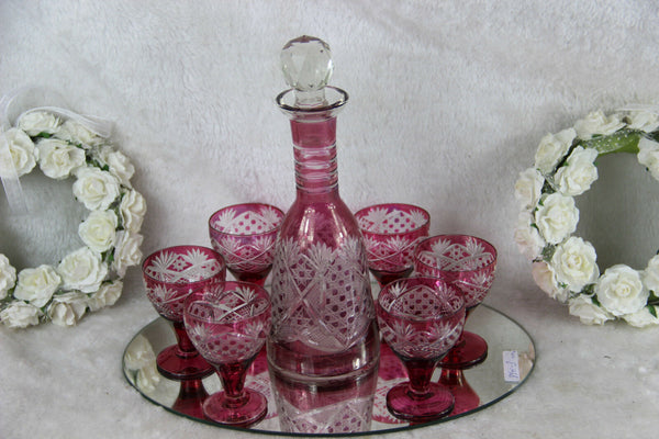 Set Bohemia Crystal liquor shots glasses caraf Detailed ruby red cut on plate
