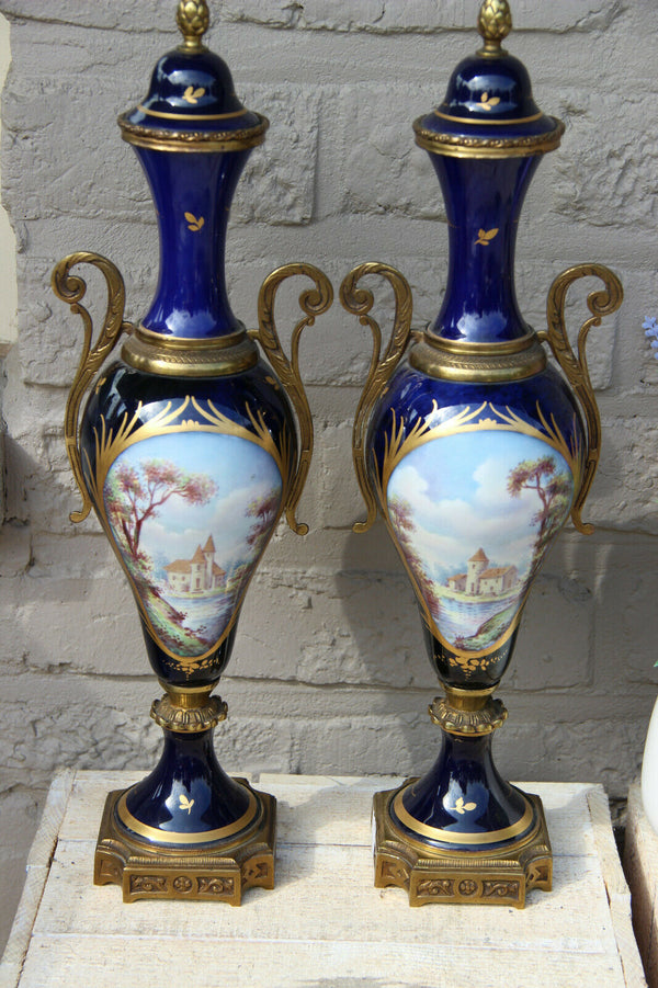 PAIR antique French Sevres porcelain Cobalt blue Vases romantic victorian scene