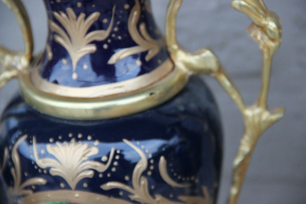 PAIR French Limoges cobalt blue porcelain Vases Landscape romantic scene