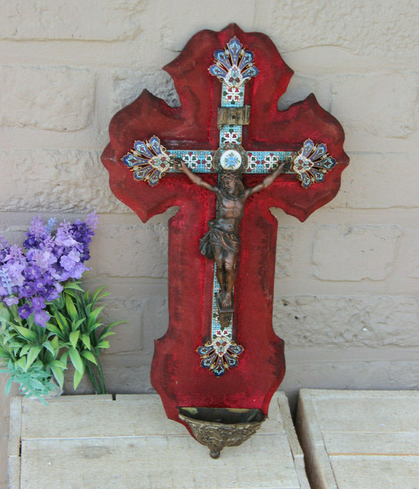 Antique French Religious holy water font bronze christ crucifix cloisonne enamel