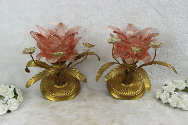 PAIR hollywood regency  wall lights sconces metal pink glass attr maison jansen