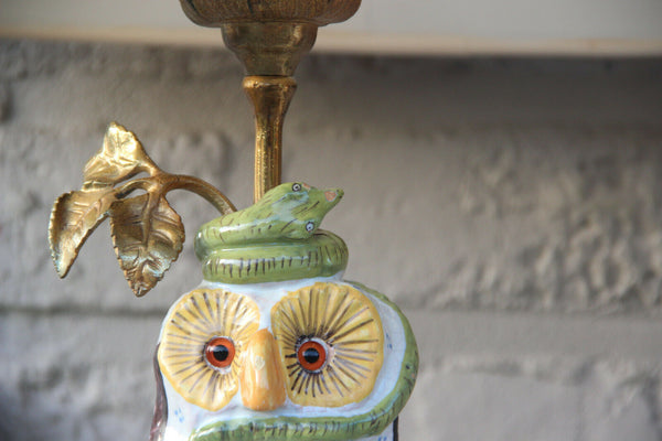 PAIR french hollywood regency rouen Ceramic polychrome owl Figurine table lamps