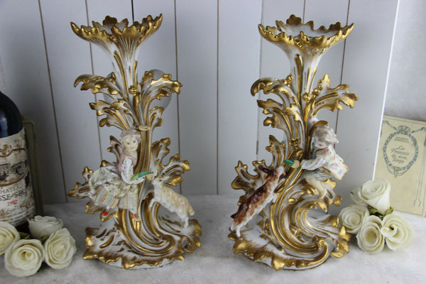 Rare French PAIR antique 19th c vieux paris porcelain Vases Sheperd figurines