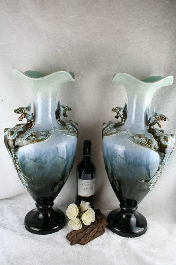 XL unusual PAIR French BARBOTINE majolica Art nouveau 1900 Dragon Vases marked