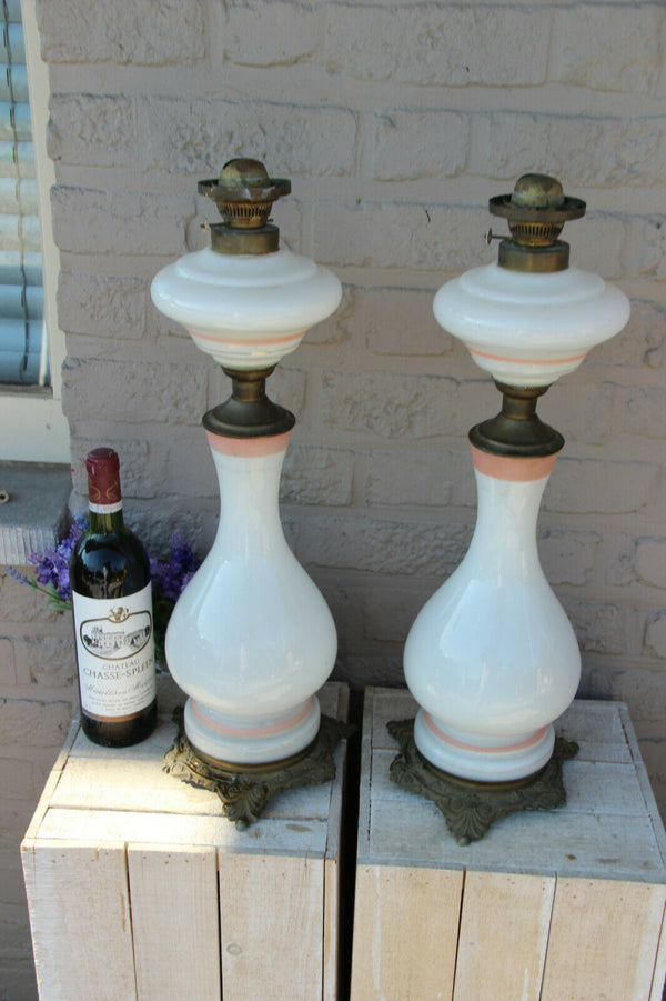 PAIR antique French opaline glass napoleon Josephine oil lamps rare