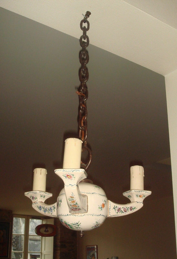 French Faience de Strasbourg Chandelier pendant with pair sconces wall lights