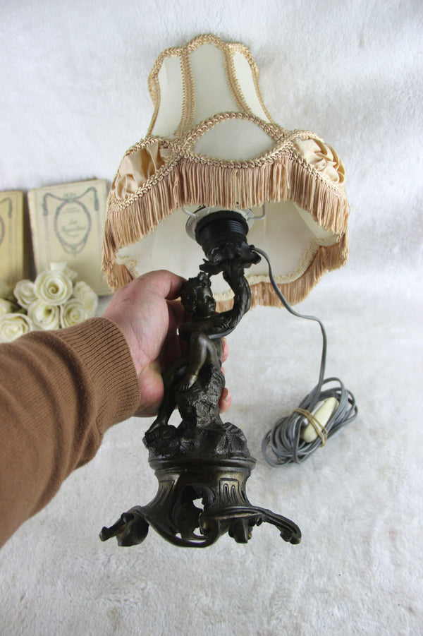 French putti cherub Spelter bronze table desk lamp 1960's with shade
