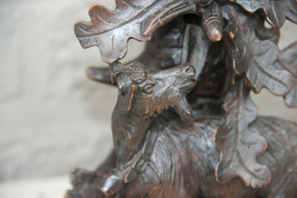 Antique Swiss Black forest wood carved candle holder Statue deer