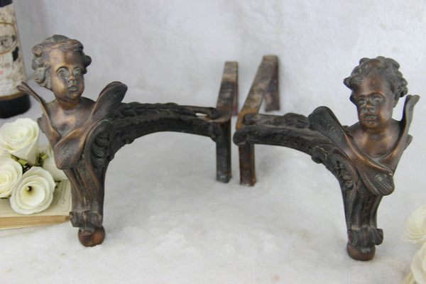 PAIR Rare Antique French Putti Cherub Bronze Cast iron Fireplace andirons