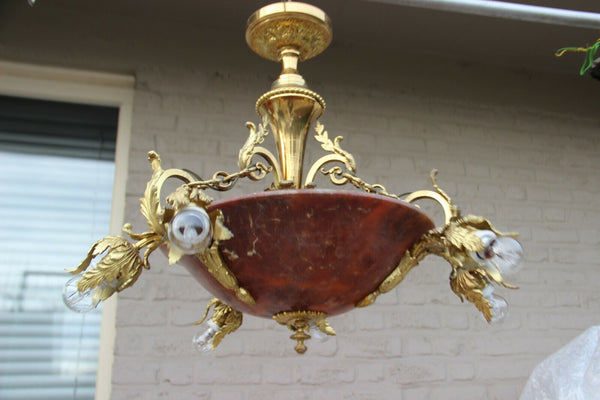 Vintage French Alabaster amber Bowl Chandelier Bronze brass 1960