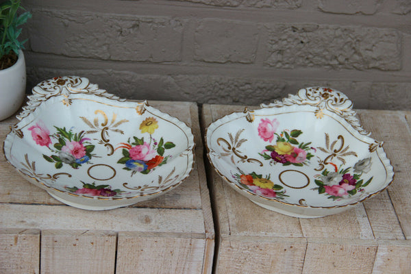 PAIR antique vieux paris old porcelain floral hand paint OYSTER plates