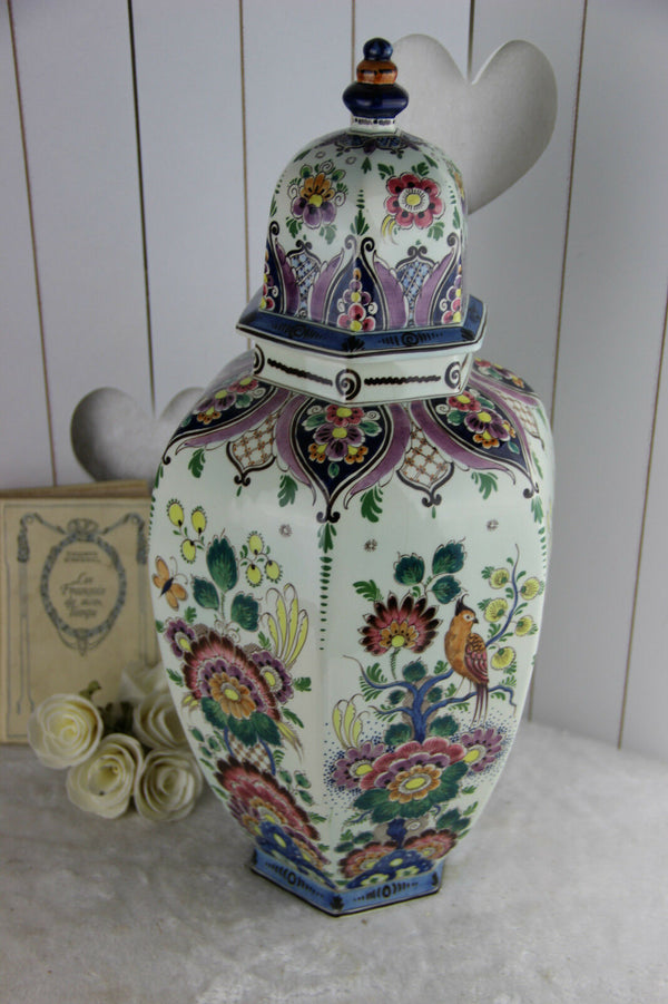 LARGE polychrome ceramic DELFT Bird floral lidded vase marked Dutch