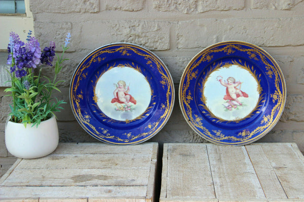 PAIR antique French porcelain Plates putti angel figurine sevres