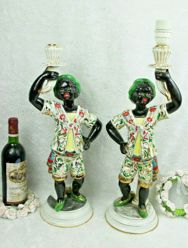 PAIR Italian Venetian Blackamoor faience porcelain Figurine table lamps 1950