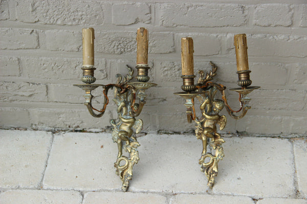 PAIR antique bronze Wall lights sconces putti angel figurines 2 arms