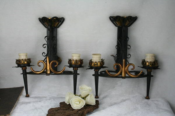 PAIR cast iron metal gothic castle  French 1960s Vintage Sconces wall