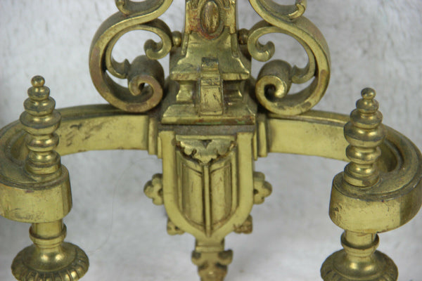 PAIR antique Bronze fleur de lys French fireplace andirons shields armor