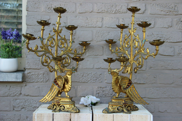 Rare XL Antique Religious Altar church Candelabras gothic dragon  enamel