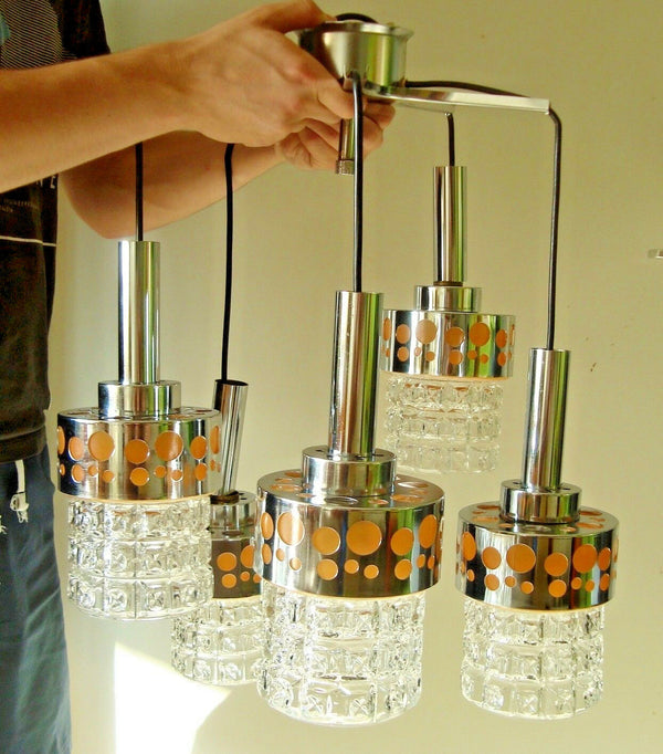 Retro 1970 Mid century Metal chrome Raak chandelier pendant orange colour