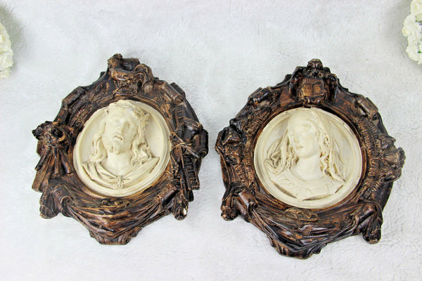 PAIR antique 1850 French religious wall plaques relief christ madonna putti