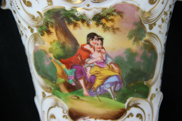 PAIR old french vieux paris porcelain antique Vases romantic floral scene