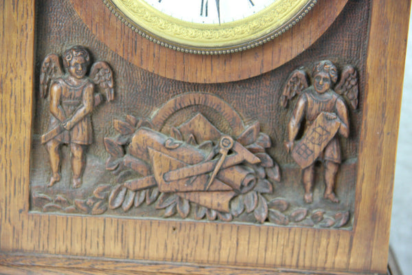Antique French wood carved clock putti angel candle holders set