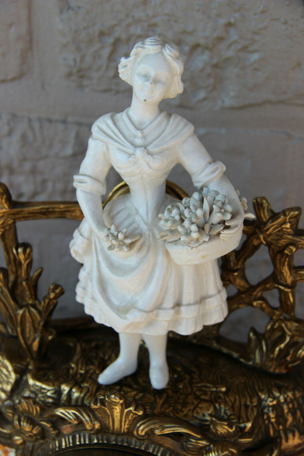 Italian Bronze porcelain plaques bisque lady figurine mantel clock 1970