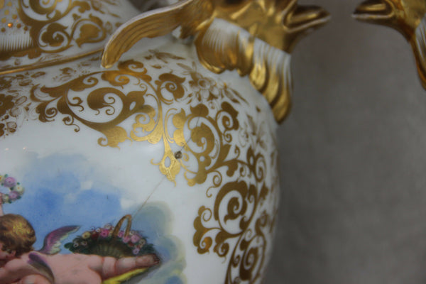 PAIR antique 1900 Vieux paris porcelain Putti angels scene floral dolphin Vases