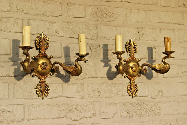 PAIR French bronze empire Swan figurine animal Wall lights sconces