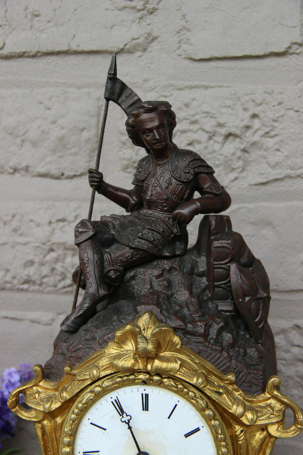 French antique 19th clock Brass Spelter bronze Jeanne darc knight figurine
