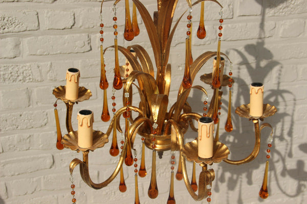 Hollywood regency mid century Maison jansen Floral metal chandelier murano drops
