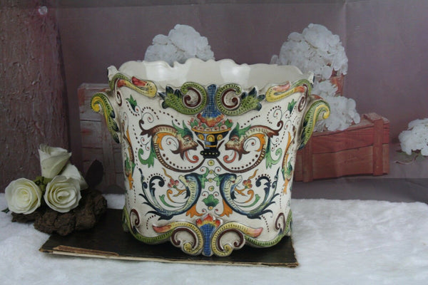 French 1900 Faience porcelain planter jardiniere Mythological Dragons gothic