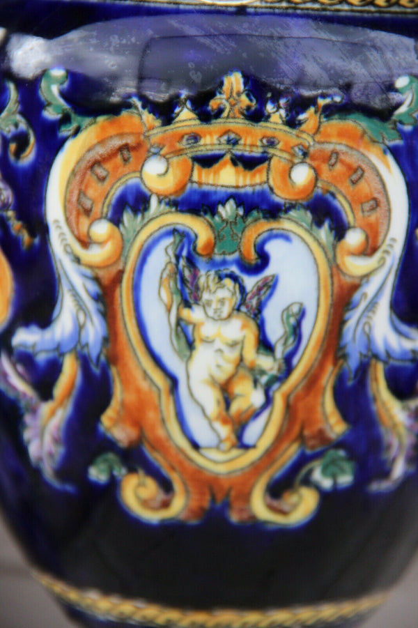 French GIEN marked porcelain mythological faun putti scene Vase Scorpion claw