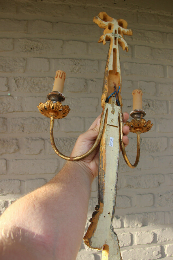 huge pair italian Maison chelini Wood Carved Louis XVI wall sconces lights 1970