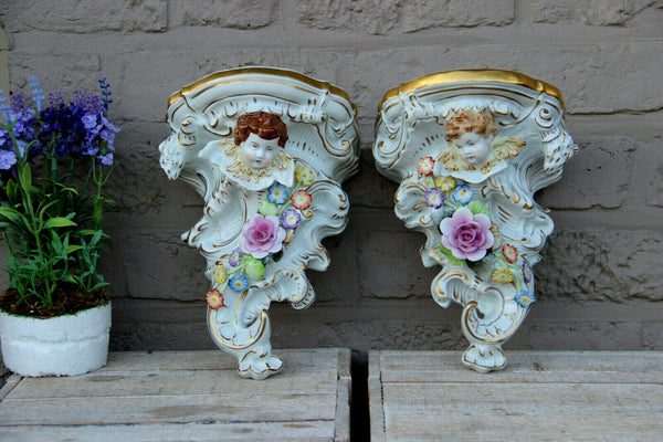 PAIR Plaue schierholz german porcelain putti angel porcelain Wall console floral