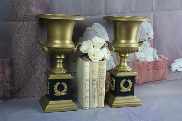 PAIR Impressive Empire design Brass Medici Vases / urns 1930's gold coloured