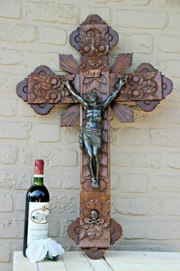 XL 29"  Antique French wood carved Crucifix Religious Cross