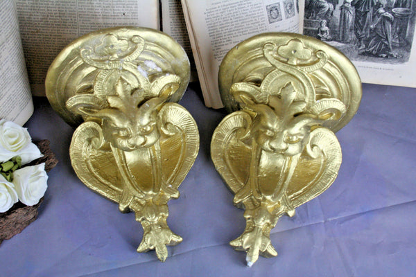 Pair French antique chalkware gold gilted Faun devil satyr head wall consoles