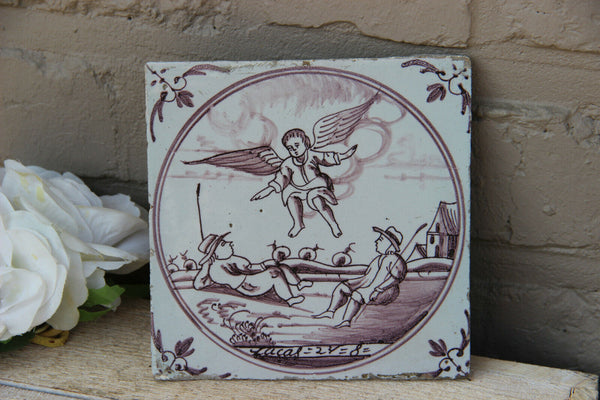 Antique DELFT pottery manganese bible scene religious tile 1800s