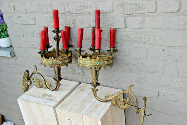 RARE PAIR French antique bronze church religious Wall lights sconces neo gothic