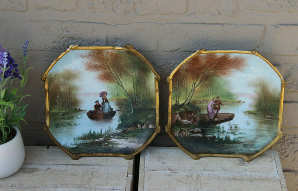 PAIR french porcelain Limoges romantic water scenes plates