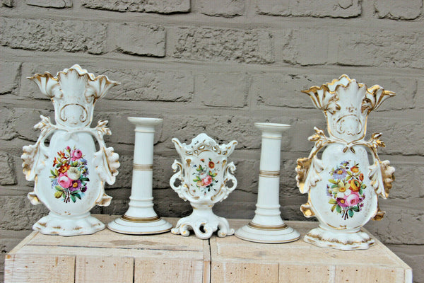 antique vieux paris porcelain  hand paint floral porcelain vases mantel set